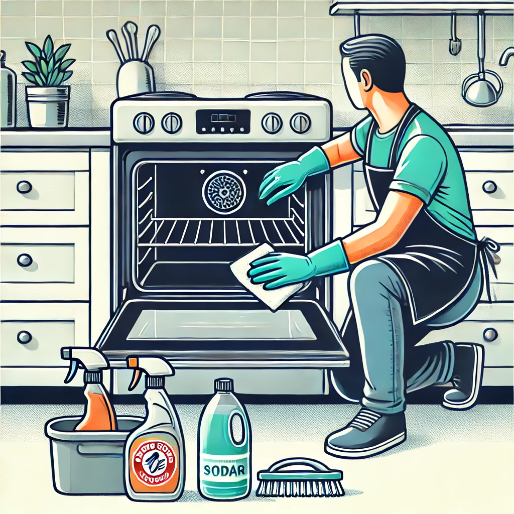Une illustration représentant une personne nettoyant un four dans une cuisine moderne. L'image met en avant l'utilisation de produits naturels comme le bicarbonate de soude et le vinaigre, avec un focus sur l'entretien écologique et responsable.