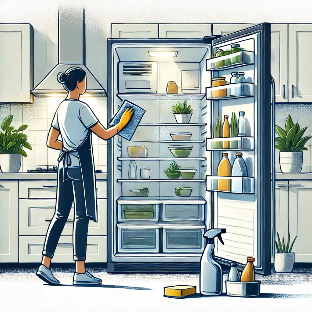 L'image représente une scène lumineuse et propre dans une cuisine moderne où une personne est en train de nettoyer un réfrigérateur. La porte du frigo est ouverte, et on peut voir les étagères retirées pour être nettoyées. La personne utilise un chiffon en microfibre et un spray de produits naturels comme du vinaigre ou du bicarbonate de soude. Les détails mettent en avant l’aspect organisé et écologique du nettoyage, avec un réfrigérateur immaculé et un environnement soigné. L'ambiance générale transmet une impression de propreté, d'efficacité et d'entretien responsable.