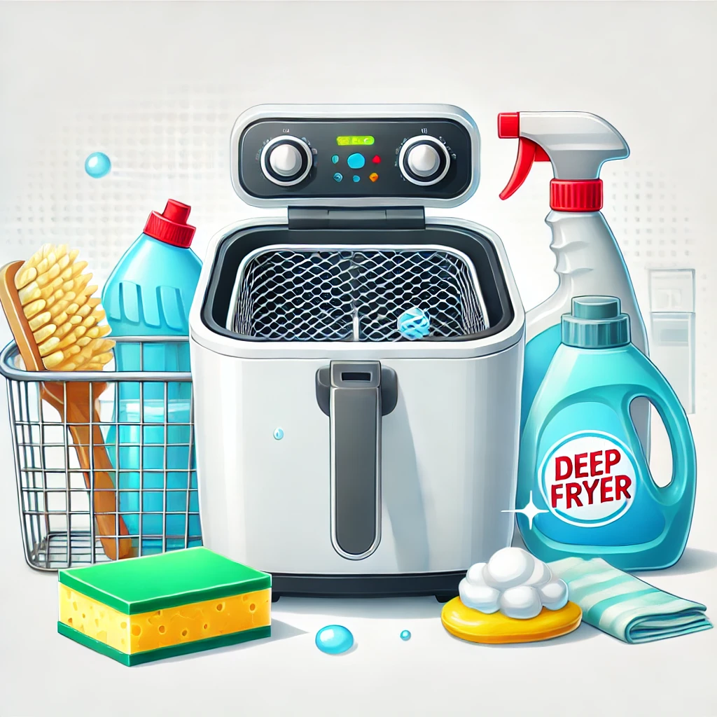 une friteuse propre sur un plan de travail de cuisine, accompagnée d'accessoires de nettoyage tels qu'une éponge, une bouteille de liquide vaisselle, et un chiffon. Cette image transmet une sensation de propreté et d'entretien dans un cadre de cuisine moderne.