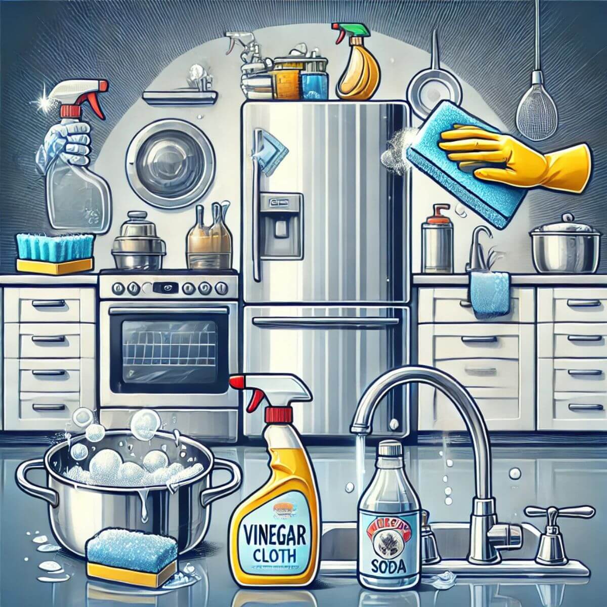 une illustration représentant différentes méthodes de nettoyage pour des objets en inox dans une cuisine moderne et éclatante. Cela met en avant des méthodes écologiques et des produits ménagers courants, dans un style lumineux et attrayant.