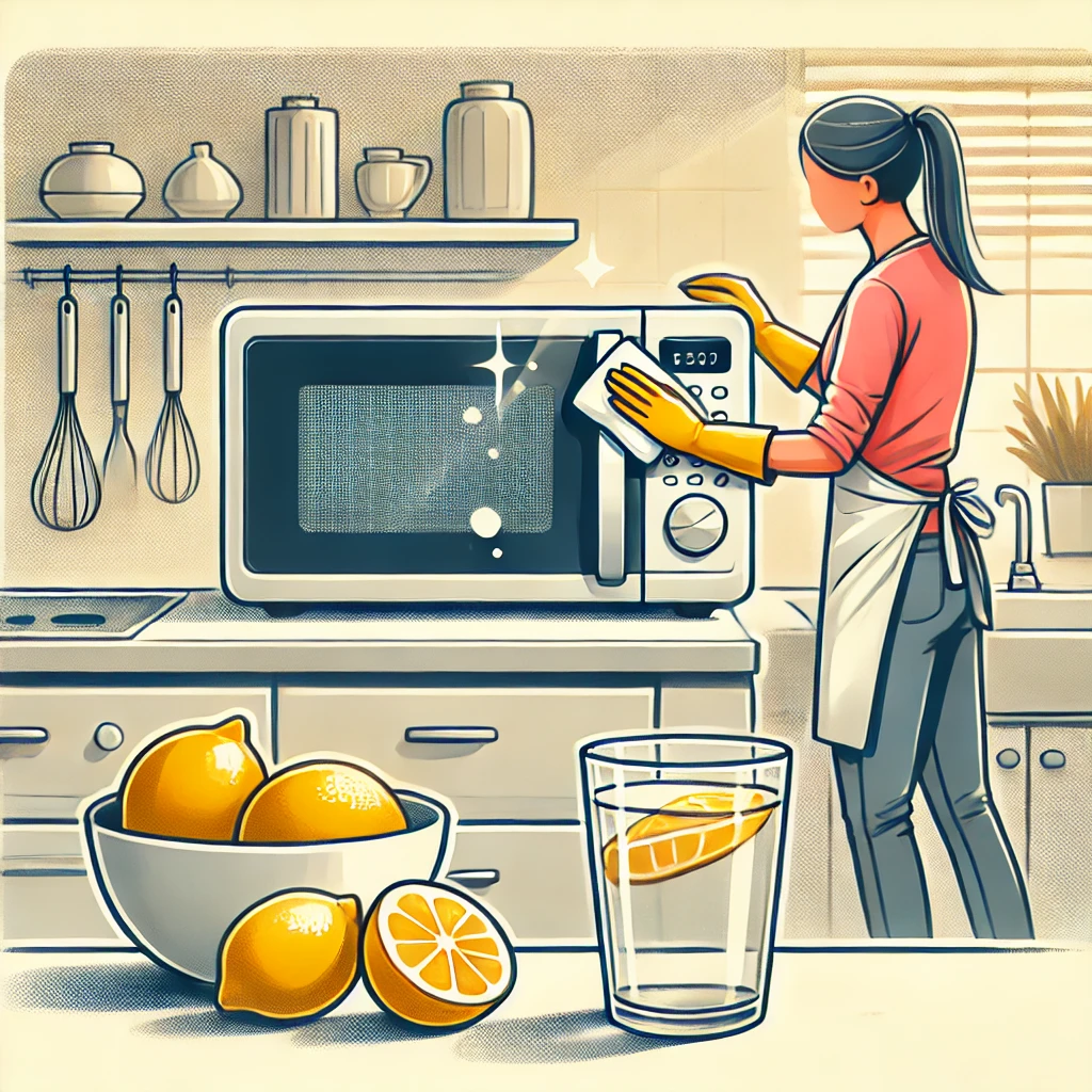 Un micro-ondes propre et étincelant posé sur un plan de travail de cuisine moderne. Une personne, portant des gants, nettoie soigneusement l'appareil avec un chiffon doux. À côté du micro-ondes, un bol contenant de l'eau citronnée ajoute une touche naturelle à la scène, le tout dans un environnement lumineux et chaleureux, mettant en valeur l'hygiène et la propreté.