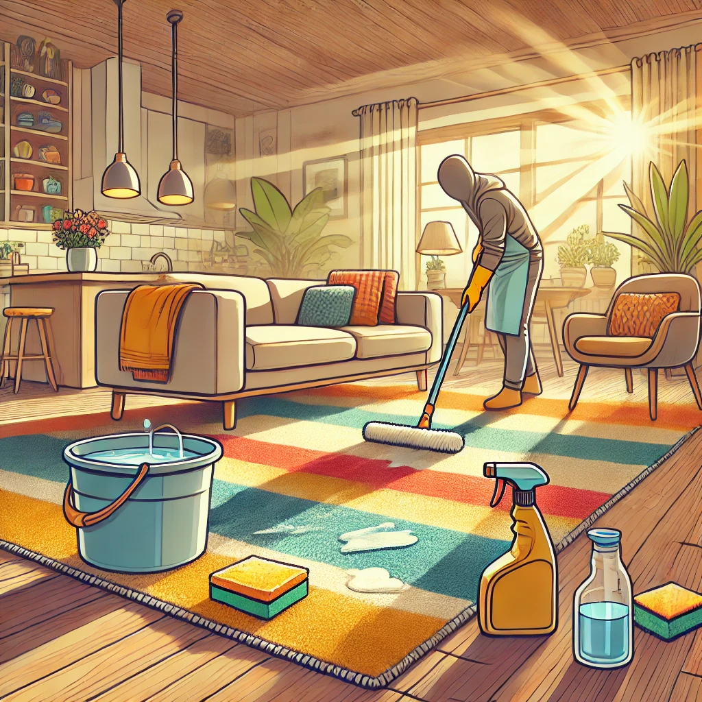 Une personne nettoyant un tapis dans un salon chaleureux et bien éclairé, mettant en avant des méthodes de nettoyage écologiques et naturelles.